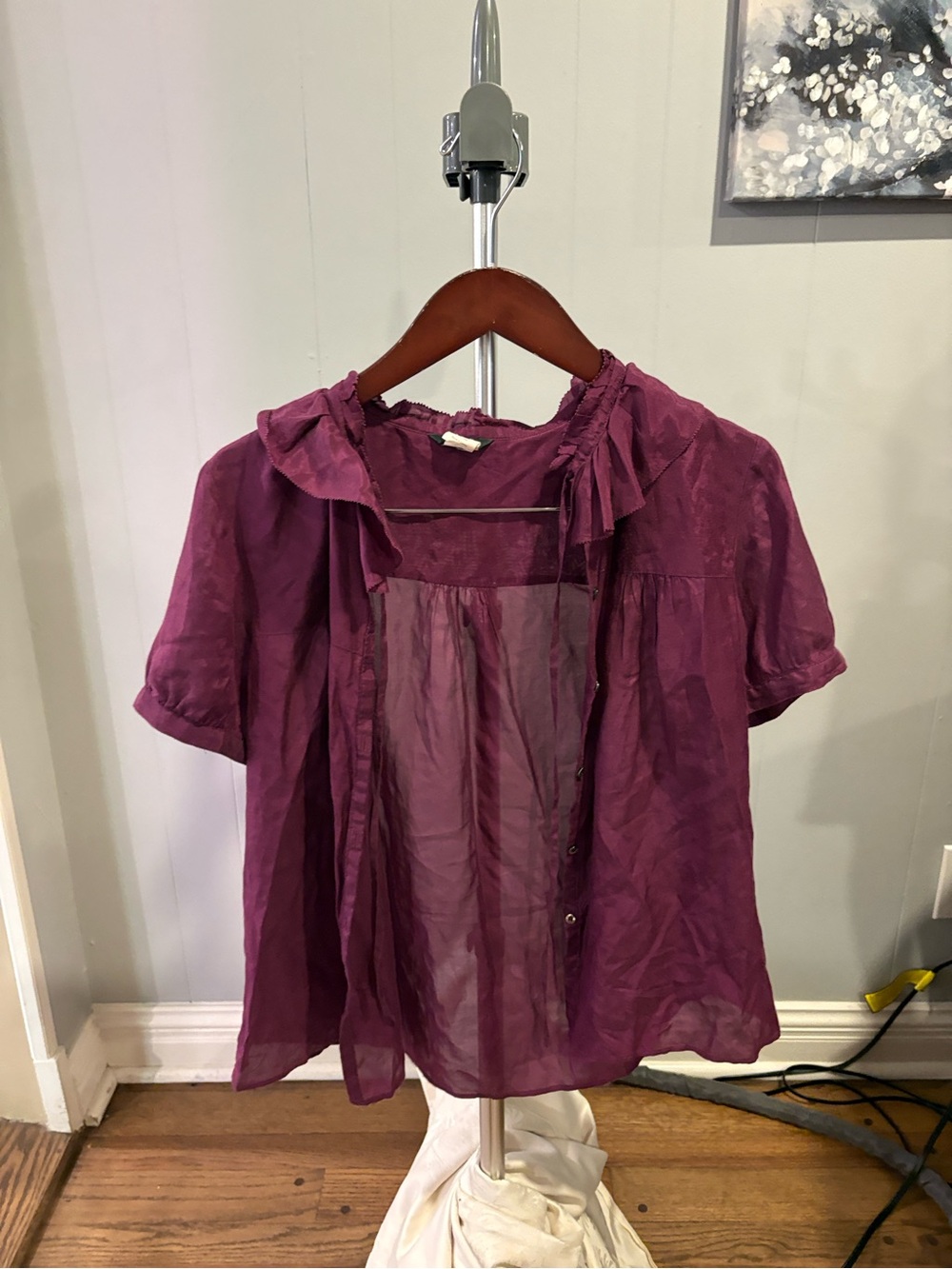 J. Crew Plum Sheer Ruffle-Collar Short Sleeve Blouse